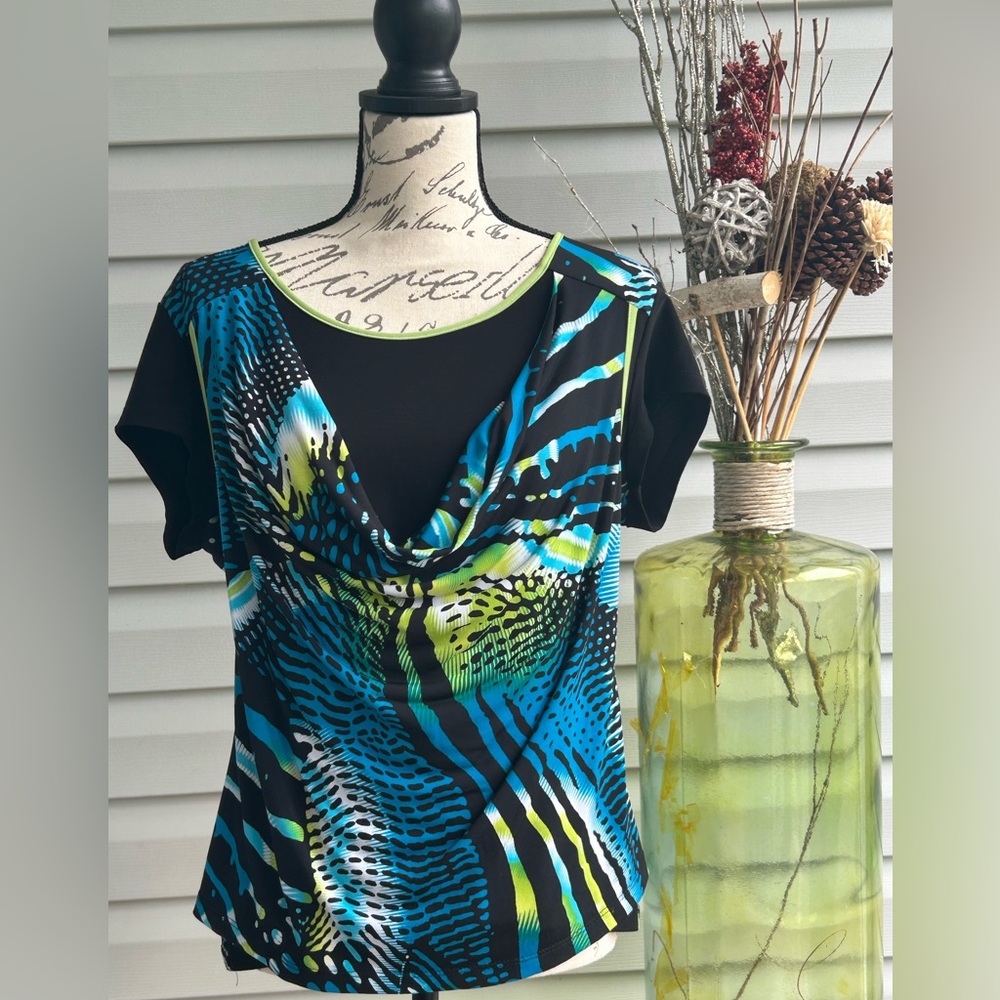 Bali Blue and Black Crowl neck blouse. Size L